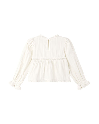 An off-white long-sleeve blouse with vertical ruffles, a ruffled neckline, and ruffled cuffs, displayed against a solid white background.