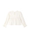 An off-white long-sleeve blouse with vertical ruffles, a ruffled neckline, and ruffled cuffs, displayed against a solid white background.