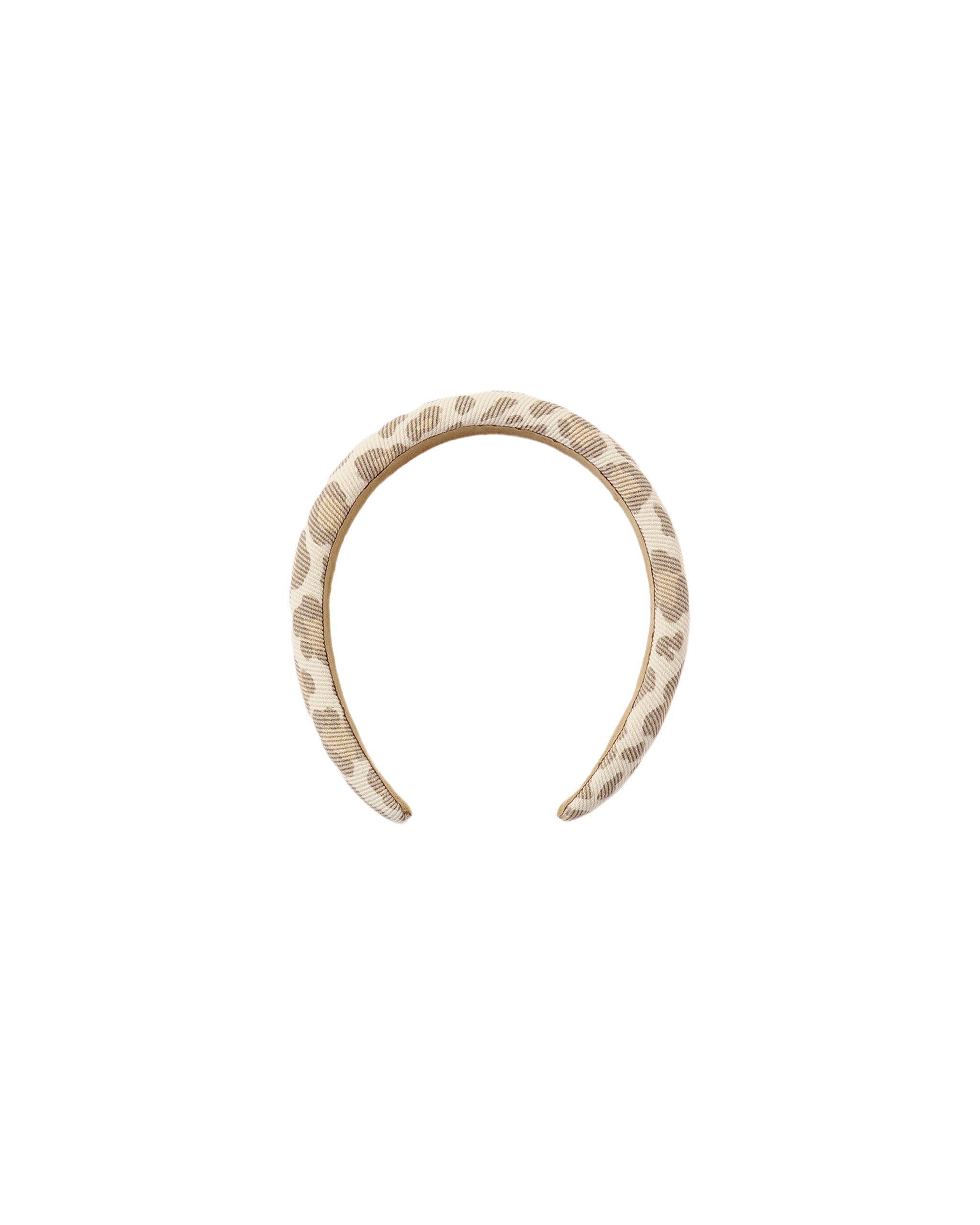 A leopard print denim padded headband shown on a white background