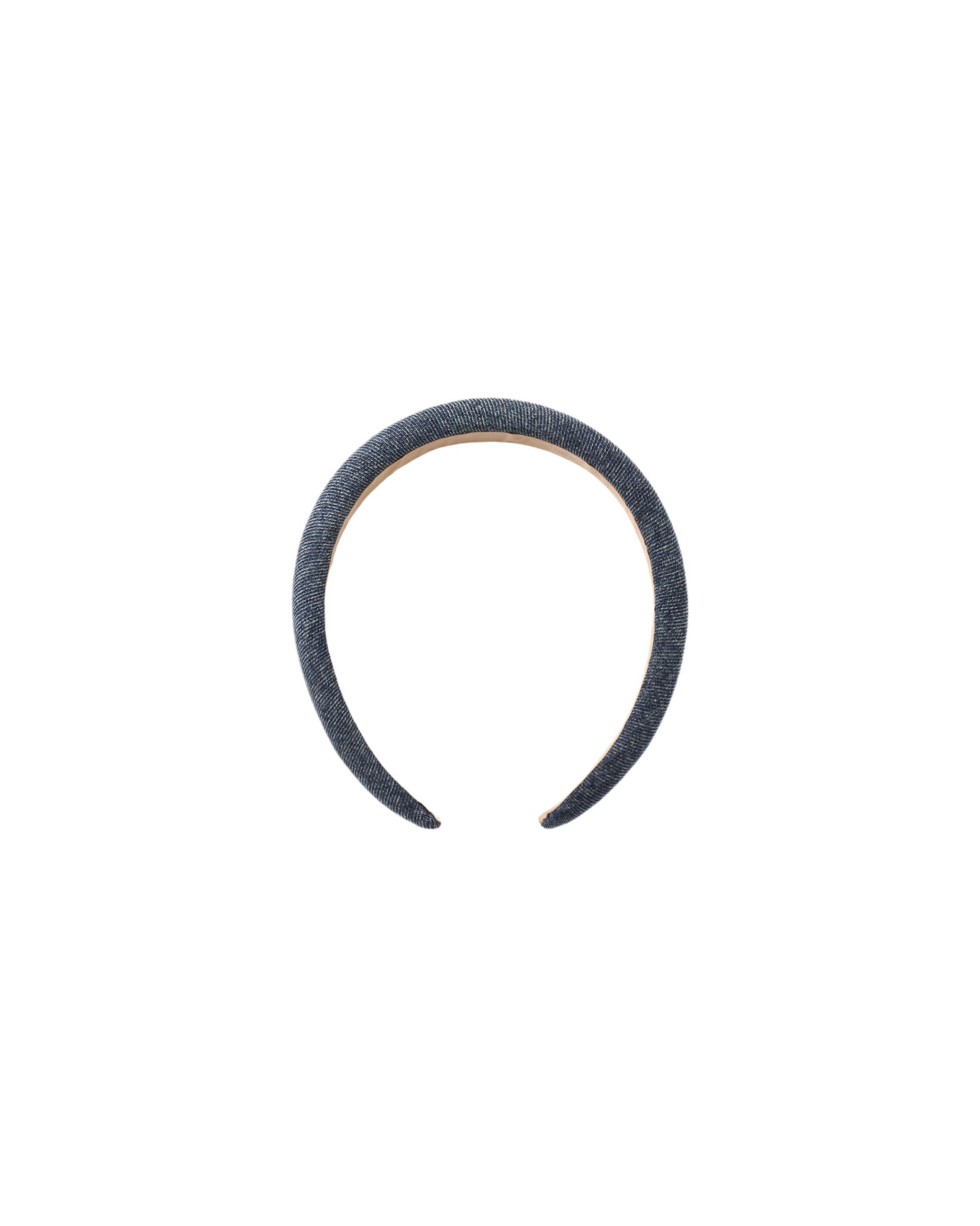 A single dark blue denim headband with a light tan inner lining, shown against a plain white background.