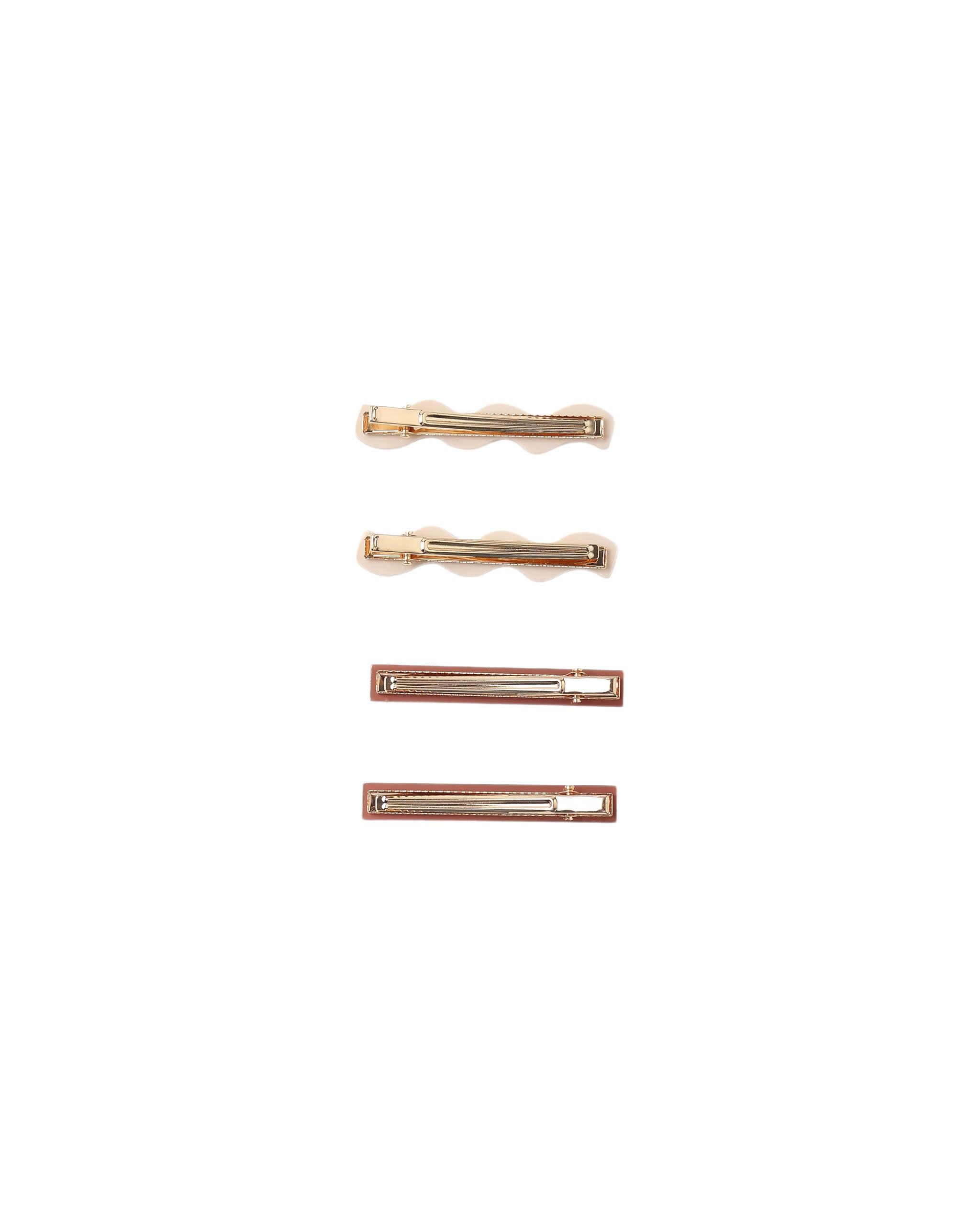 Four slim rectangular hair claw clips in a warm rose gold finish, arranged vertically on a plain white background.