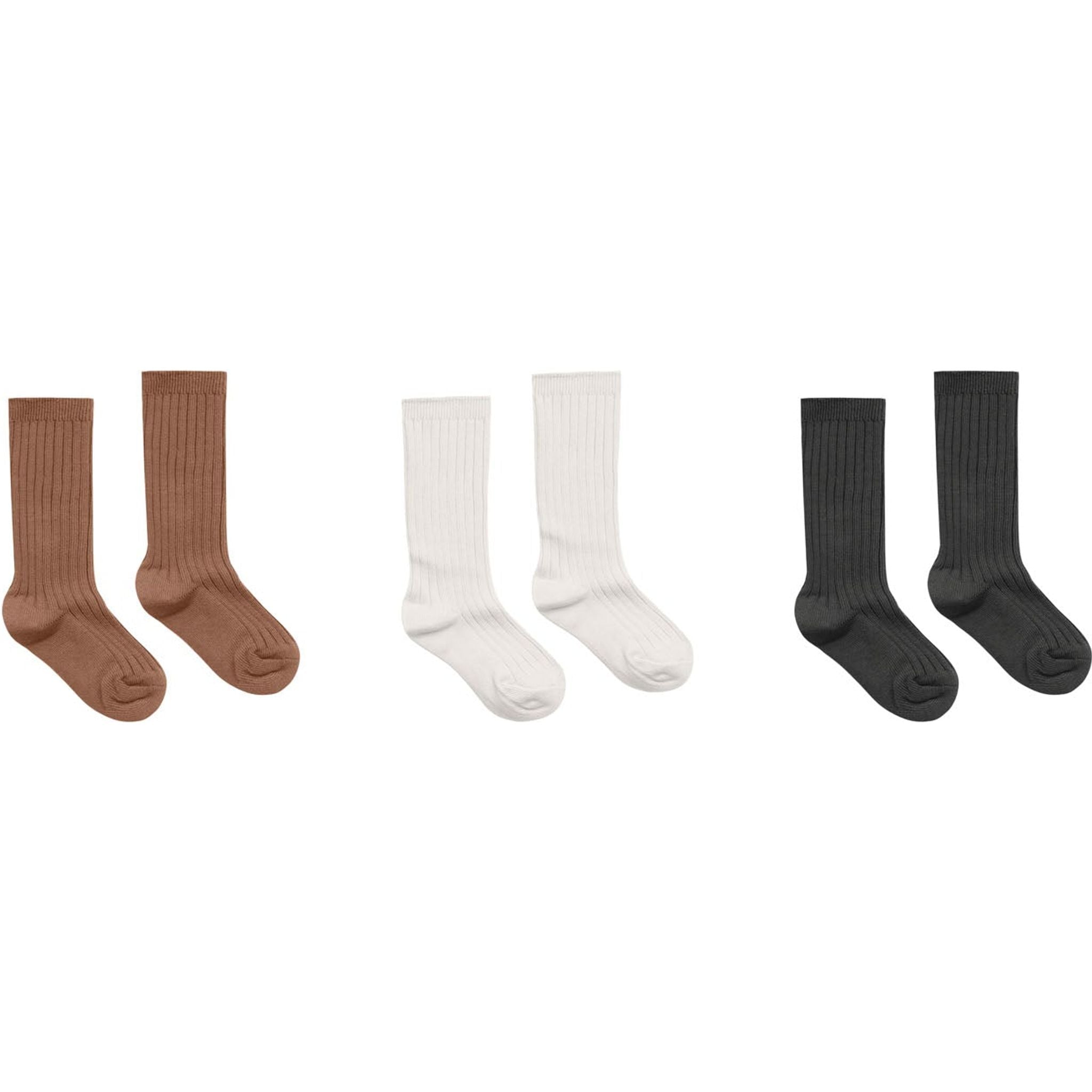 three pack of ribbed knit knee high socks in cedar color, ivory and black