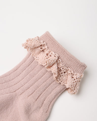 A close-up of a light pink ribbed knit sock with a matching pink crochet lace ruffle trim at the cuff, shown on a plain white background.
