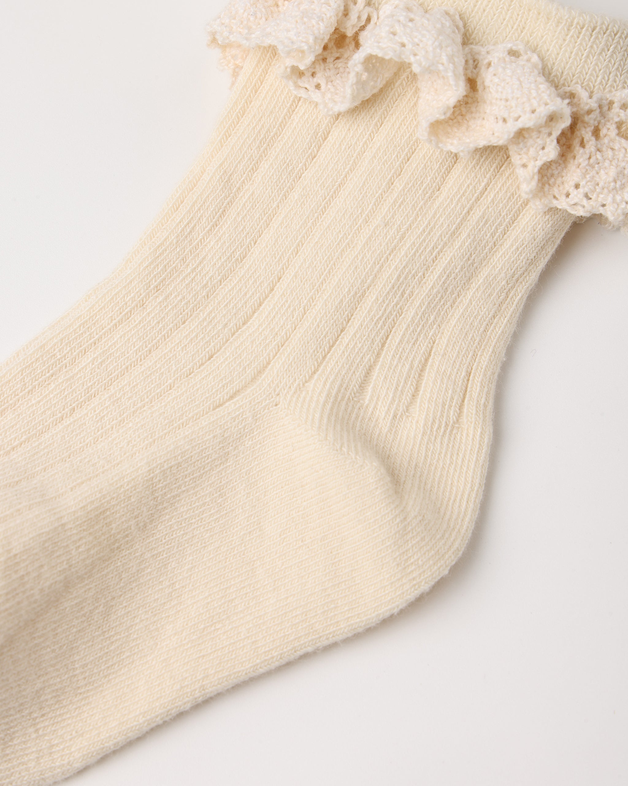 A close-up of a cream-colored ribbed knit sock with a matching lace ruffle trim at the top, laid flat on a light background.