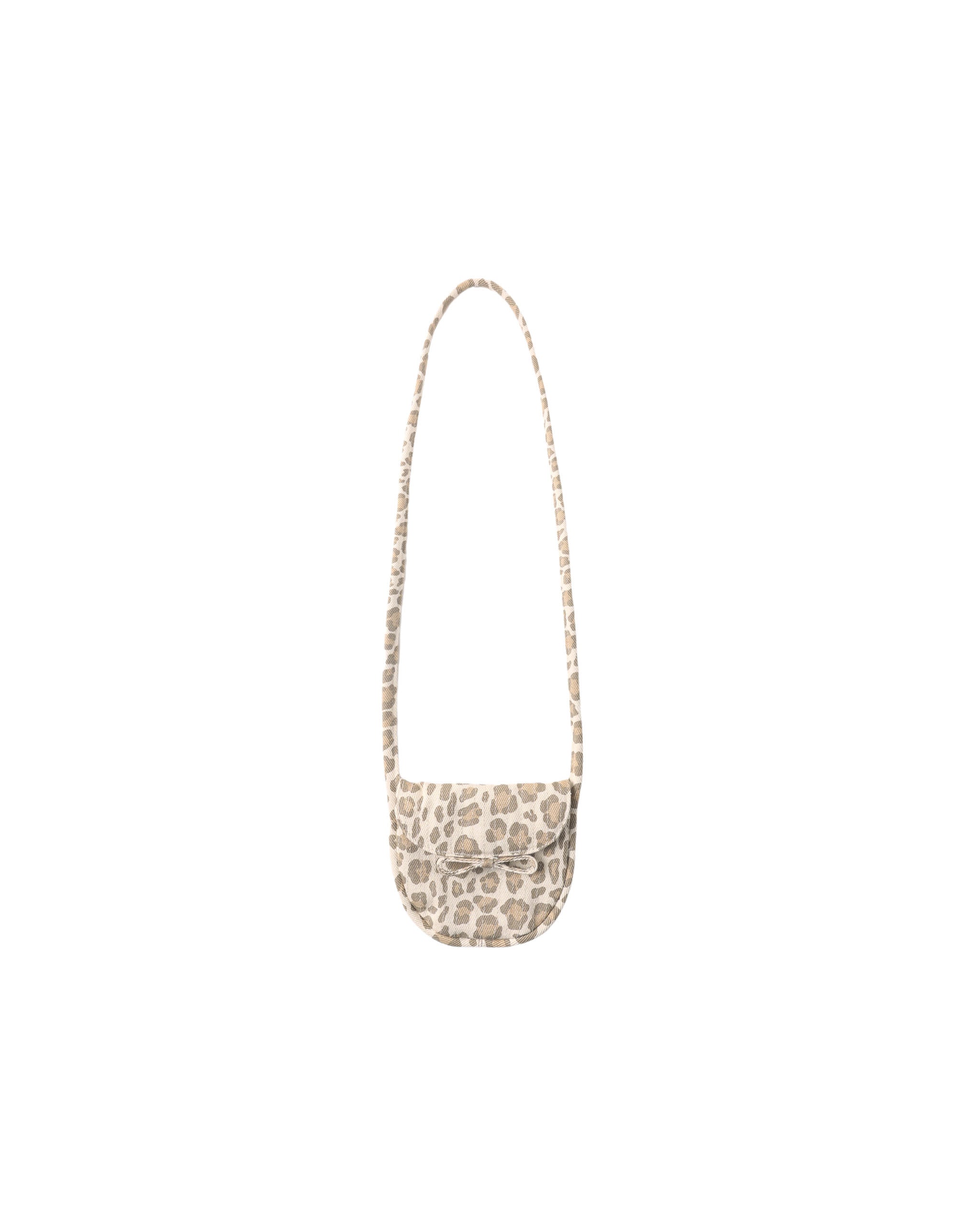 A small leopard-print crossbody bag with a long chain strap, shown against a plain white background.