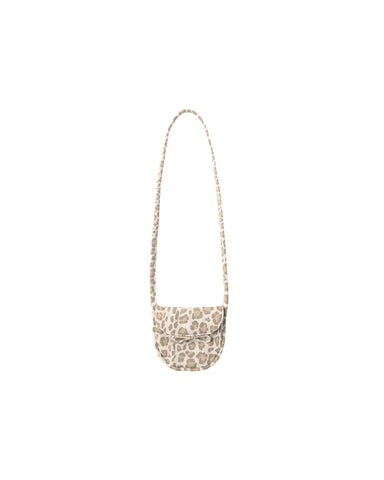 A small leopard-print crossbody bag with a long chain strap, shown against a plain white background.