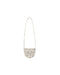 A small, semi-circular shoulder bag in a ivory floral pattern with a should strap, shown against a plain white background.