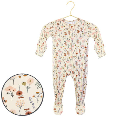 Floral-patterned baby onesie on a hanger with a close-up inset of the pattern.