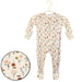Floral-patterned baby onesie on a hanger with a close-up inset of the pattern.