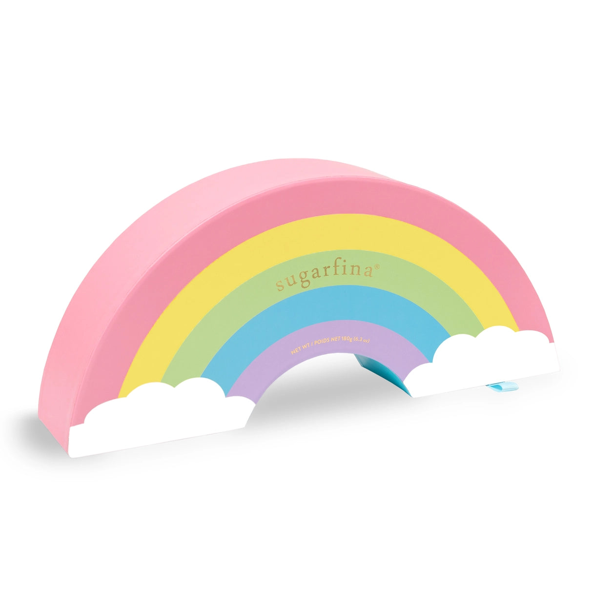 Pastel rainbow-shaped object with 'sugarfina' branding on a white background