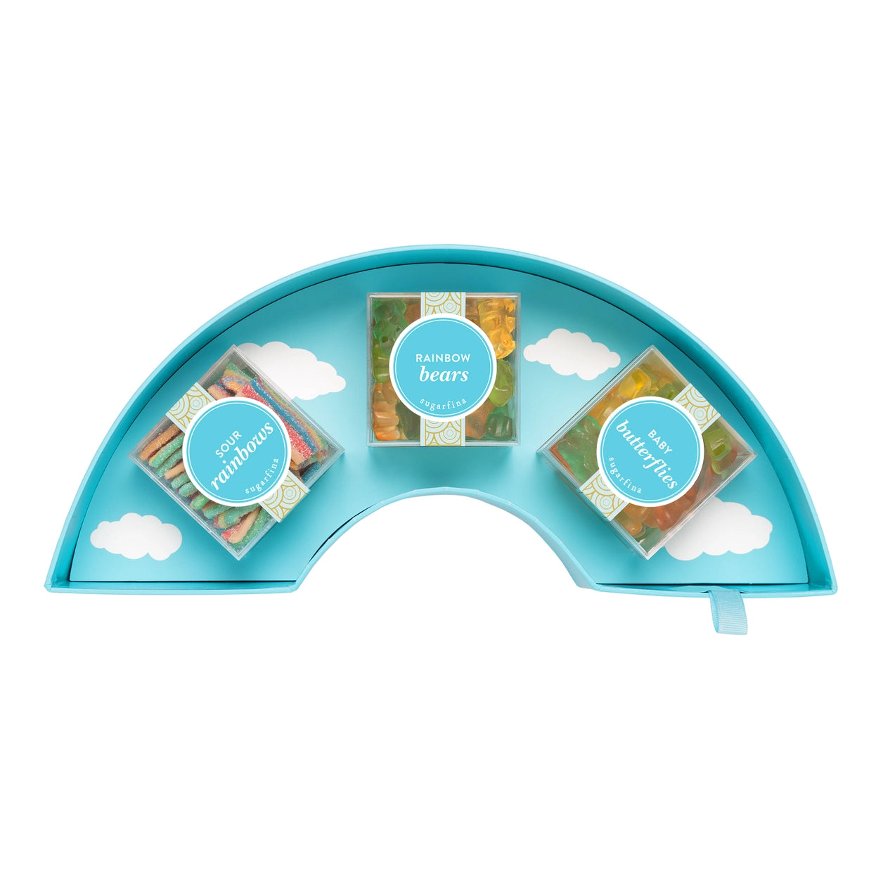 Turquoise candy organizer with compartments labeled 'rainbow bears', 'butterflies', and 'clouds' on a white background.