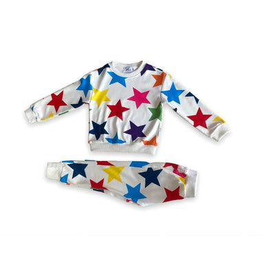 white crewneck sweatshirt with matching joggers covered in multicolored stars