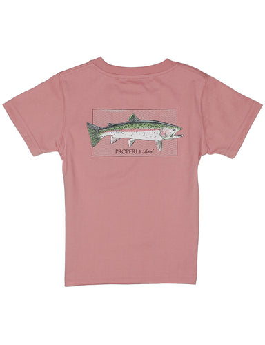 Red t-shirt with a trout graphic on a white background