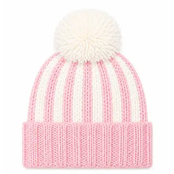 A pink and white striped knit beanie hat with a fluffy cream pom-pom on top, shown against a plain white background.
