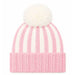 A pink and white striped knit beanie hat with a fluffy cream pom-pom on top, shown against a plain white background.
