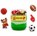 Bright green Reindeer Games bingsu slime jar with white foam beads and festive sports themed reindeer accessories on a white background by Young Wild and Friedman
