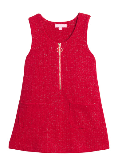 Red sleeveless romper with a zipper on a white background