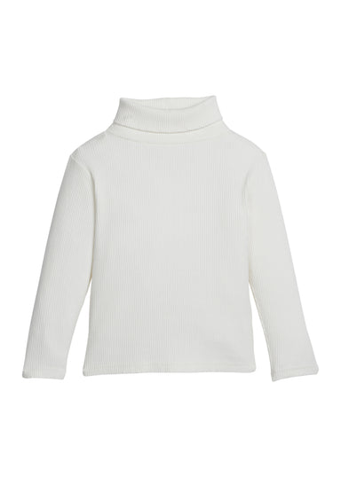 An ivory ribbed long-sleeve turtleneck sweater displayed on a clean white background.