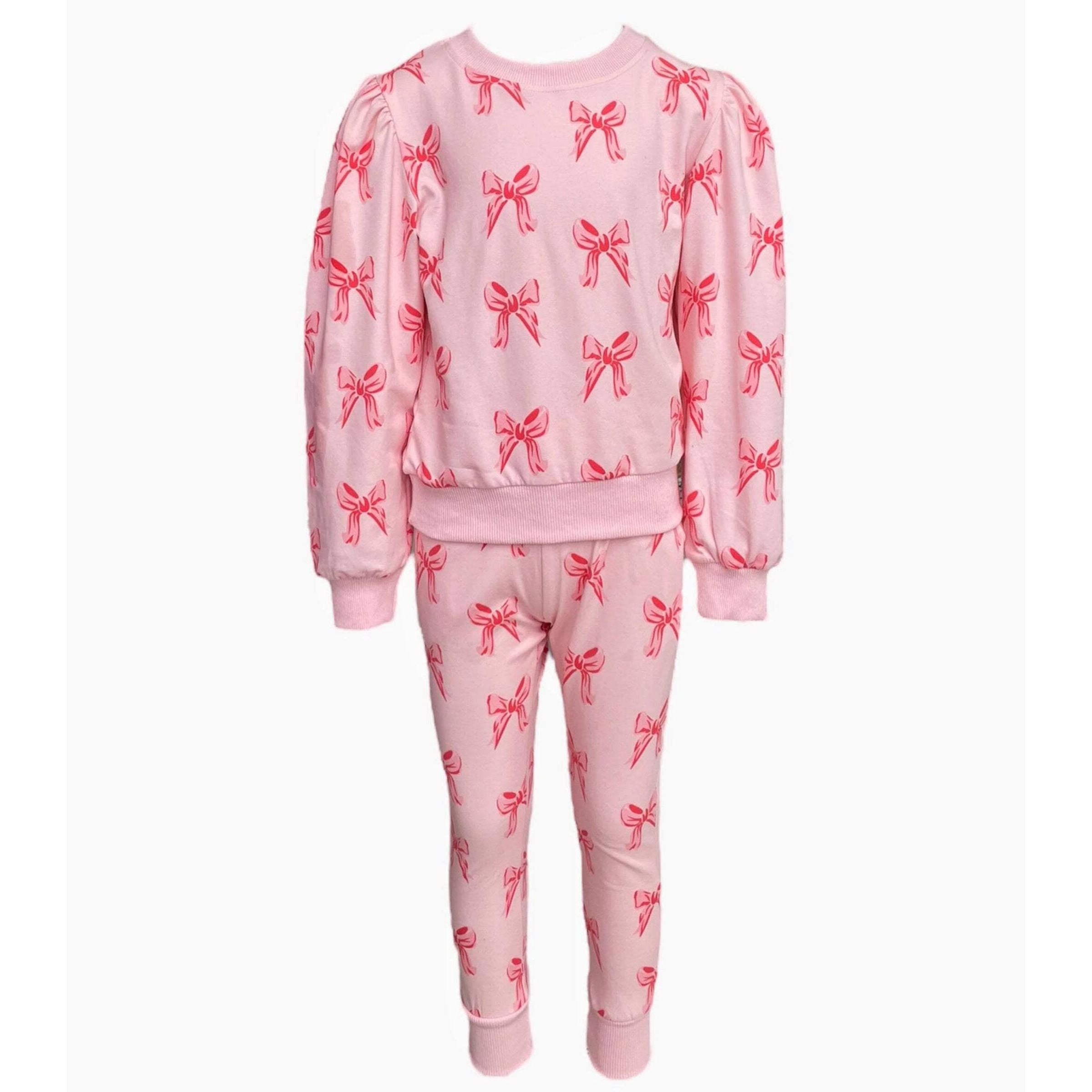 pink puff sleeve sweatshirt with matching jogger pants with pink ribbon print