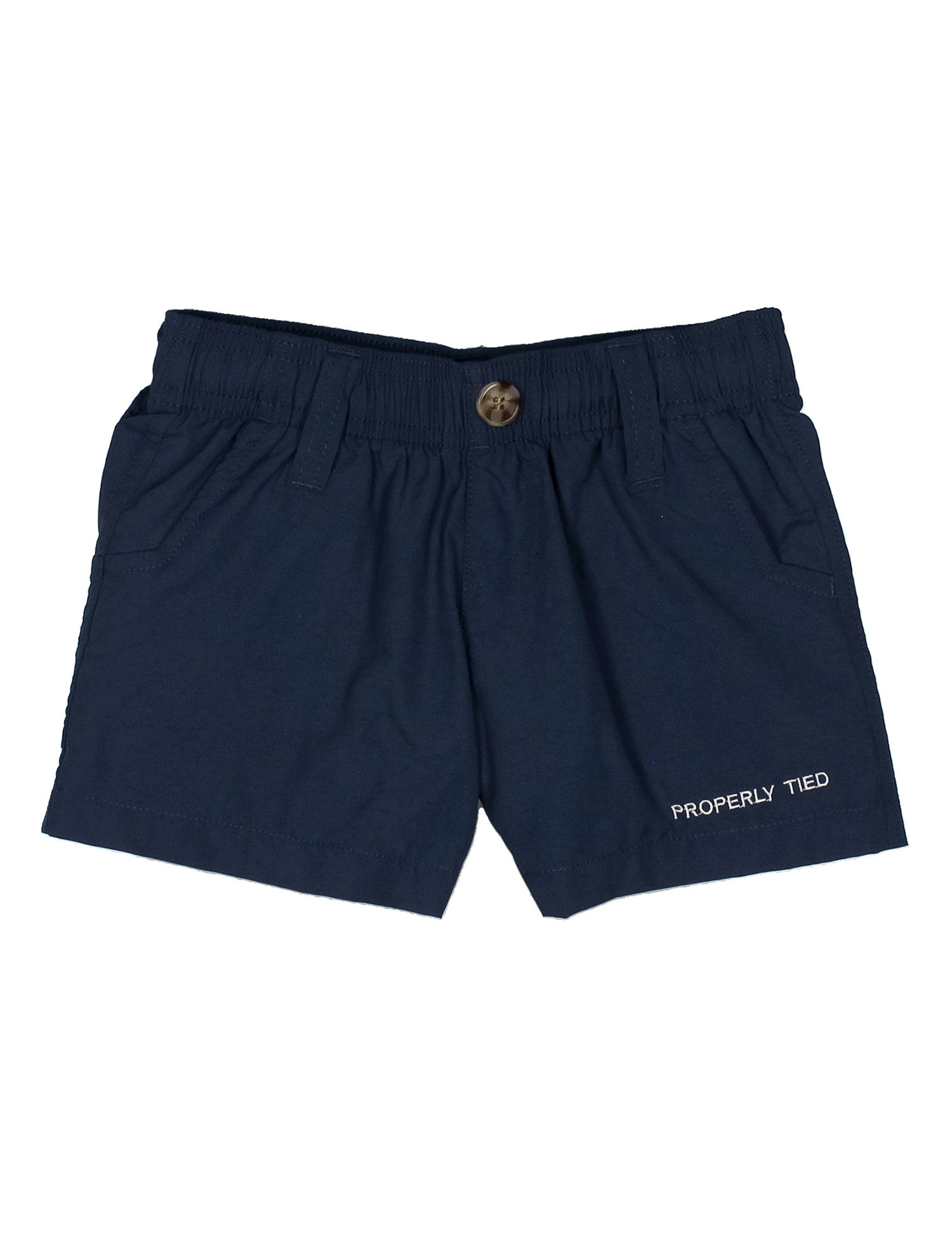 Navy shorts with a gold button and 'Properly Tied' text on a white background
