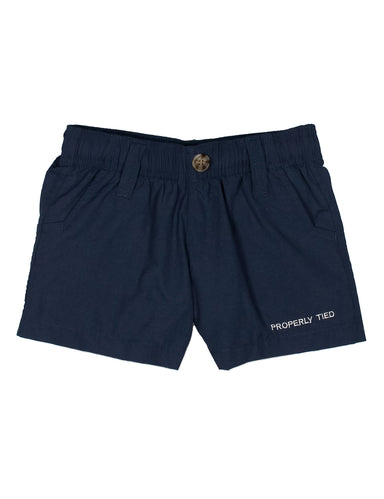 Navy shorts with a gold button and 'Properly Tied' text on a white background