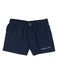 Navy shorts with a gold button and 'Properly Tied' text on a white background