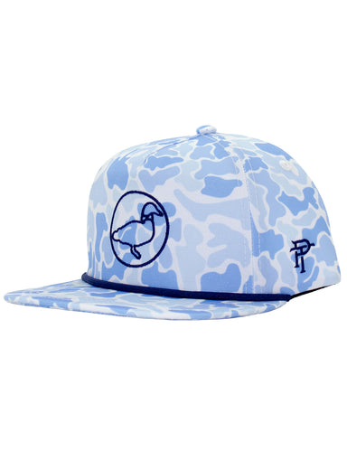 Blue camouflage cap with a logo on a white background