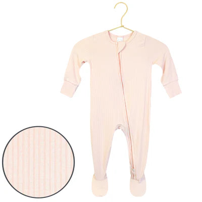 Pink striped baby onesie with a close-up detail on a white background