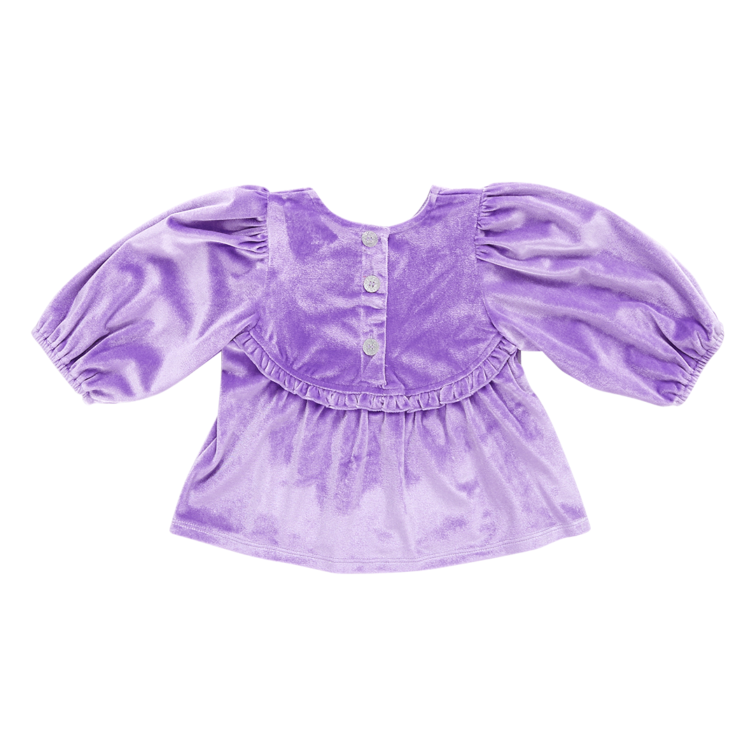 back of lavender purple 3/4 balloon sleeve velour top with button closure