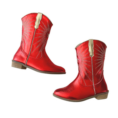Pair of red cowboy boots with gold accents on a white background