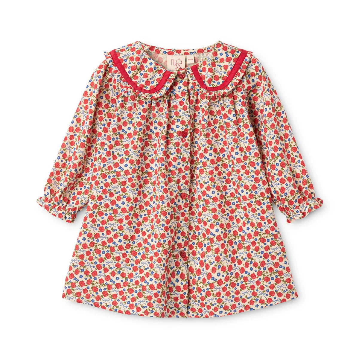 A long-sleeve button-front dress for toddlers, featuring a dense red, blue, and yellow floral print on a white background, with a contrasting red ruffled Peter Pan collar.