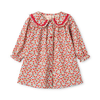 A long-sleeve button-front dress for toddlers, featuring a dense red, blue, and yellow floral print on a white background, with a contrasting red ruffled Peter Pan collar.