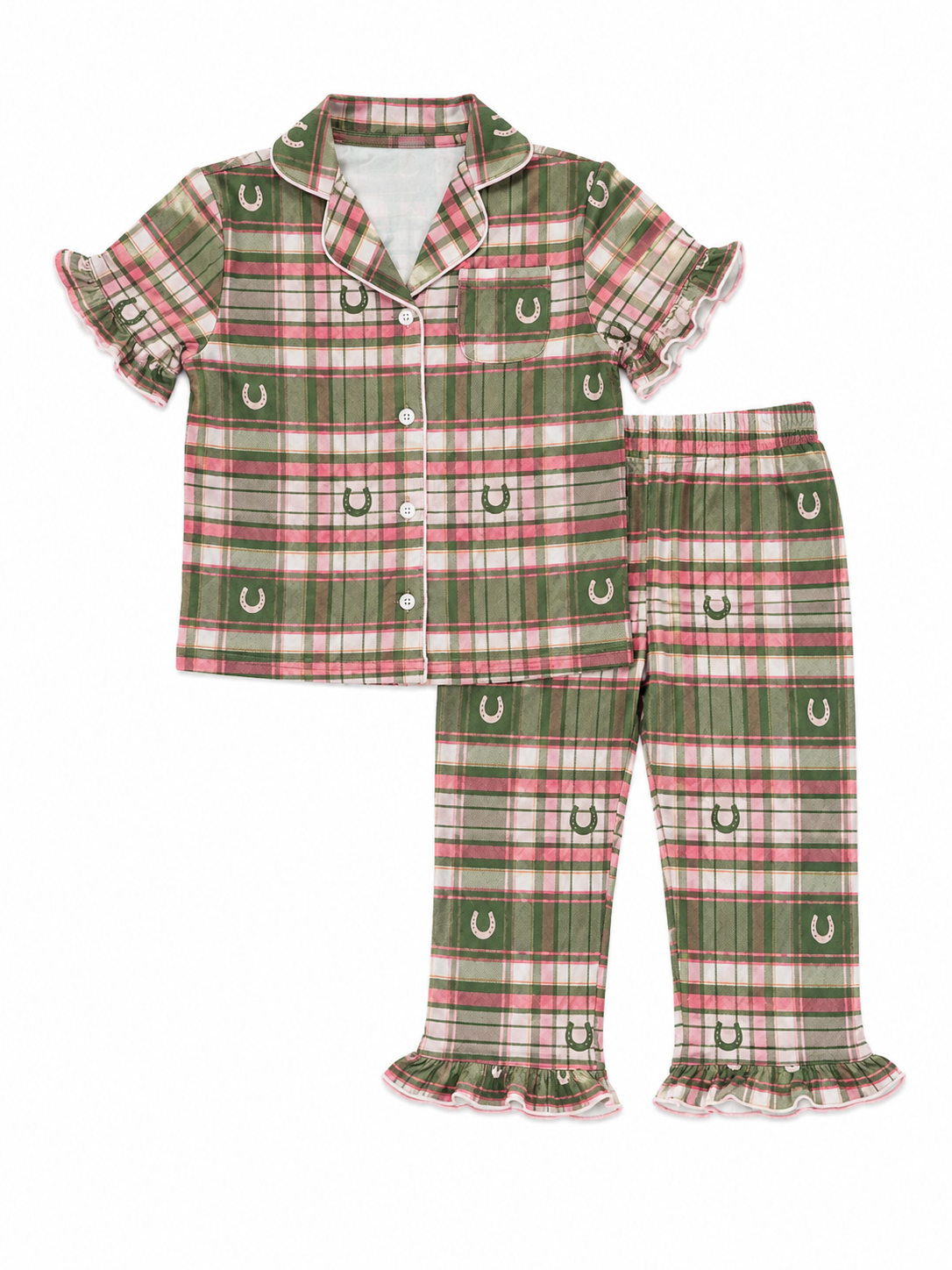 Ruffle Pant Set - Pink Horseshoe Plaid