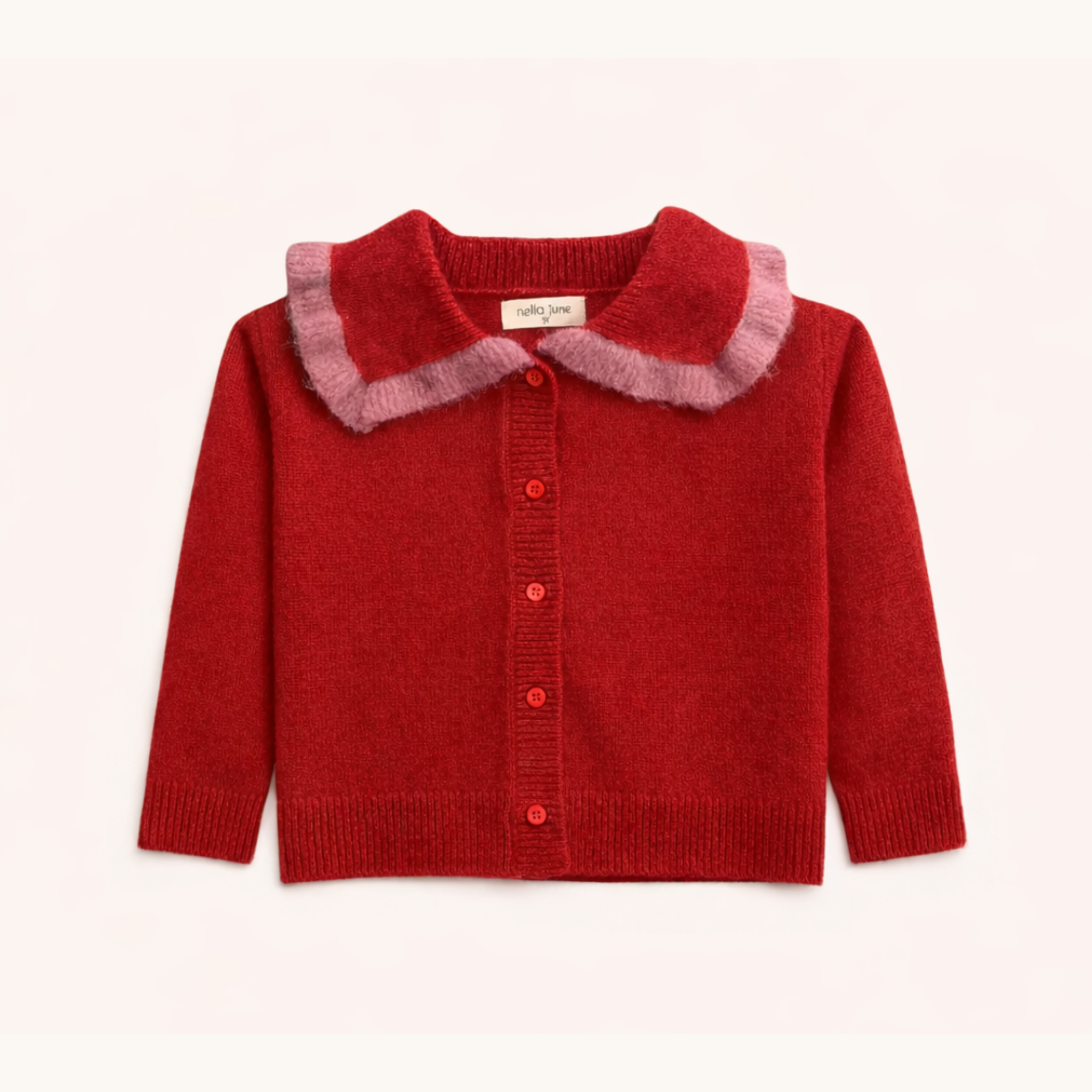 A red knit cardigan sweater for toddlers, featuring a soft pink fuzzy ruffled collar and matching red buttons down the front, displayed on a clean off-white background.