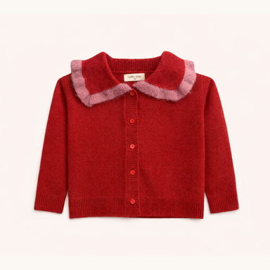 A red knit cardigan sweater for toddlers, featuring a soft pink fuzzy ruffled collar and matching red buttons down the front, displayed on a clean off-white background.