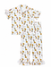 A two-piece children's pajama set featuring a short-sleeve button-up top and matching ruffled pajama pants, both printed with a western boot and horseshoe pattern on a white background.