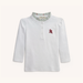 A white long-sleeve baby henley top by Nella Jane, featuring a ruffled collar with a light green rodeo pattern, a three-button placket, and a small embroidered red boot on the left chest.