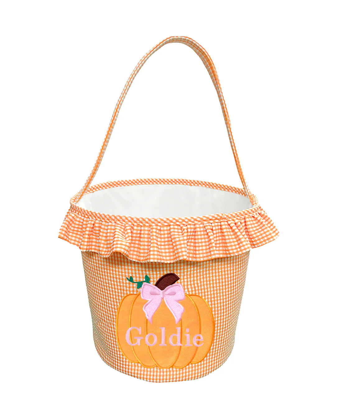Pumpkin-themed basket with ruffled edge and 'Goldie' monogram on a white background