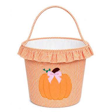 Pumpkin-themed basket with ruffled edge and on a white background