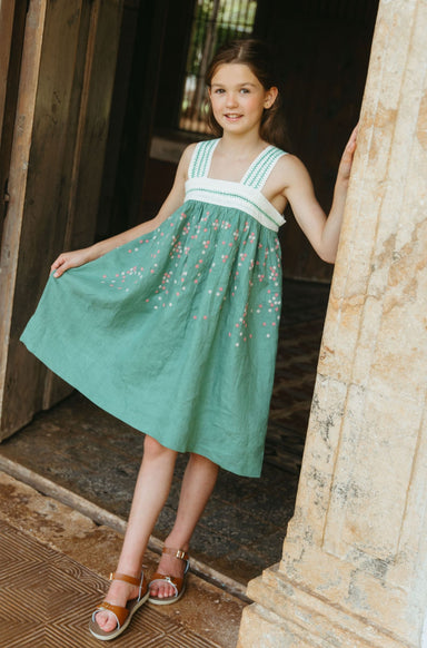 Linen peridot green dress with floral embroidery
