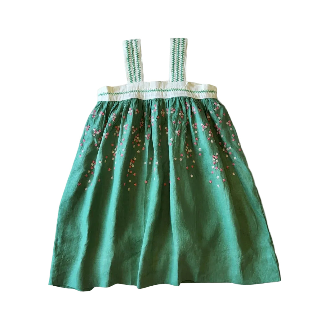 Linen peridot green dress with floral embroidery