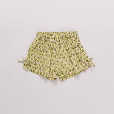 Yellow floral shorts on a light gray background