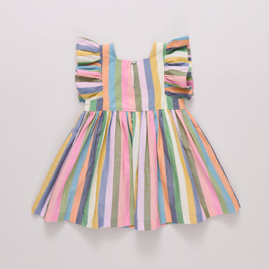 Multicolored striped dress on a light gray background