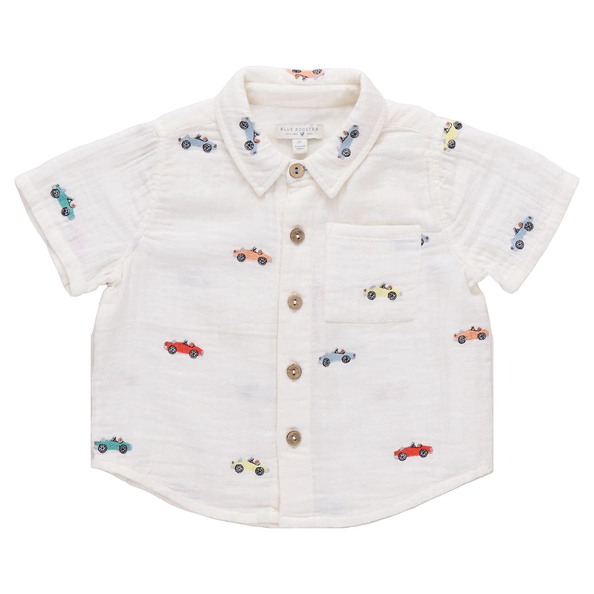 White short-sleeve shirt with embroidered car designs on a white background