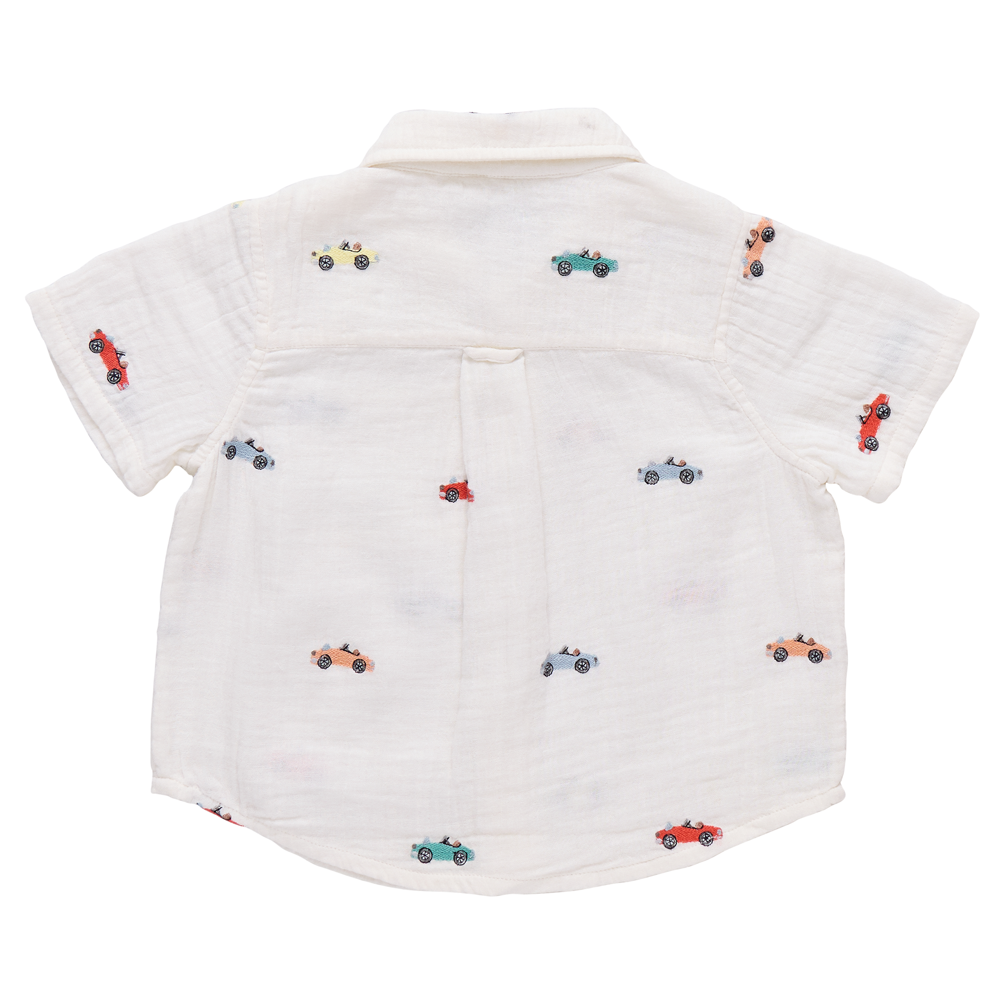 White shirt with car embroidery pattern 