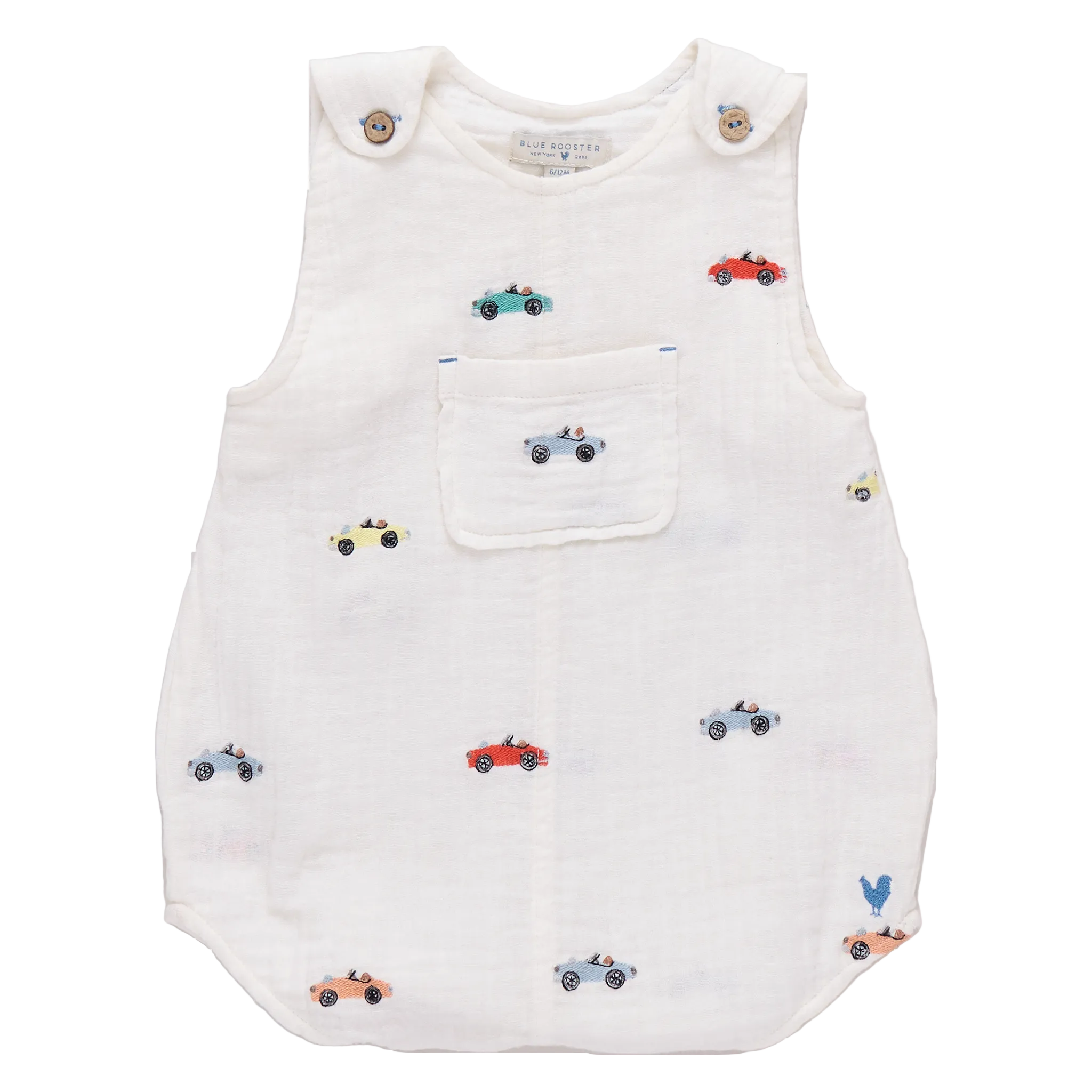 White baby romper with embroidered car designs on a white background
