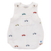 White baby romper with embroidered car designs on a white background