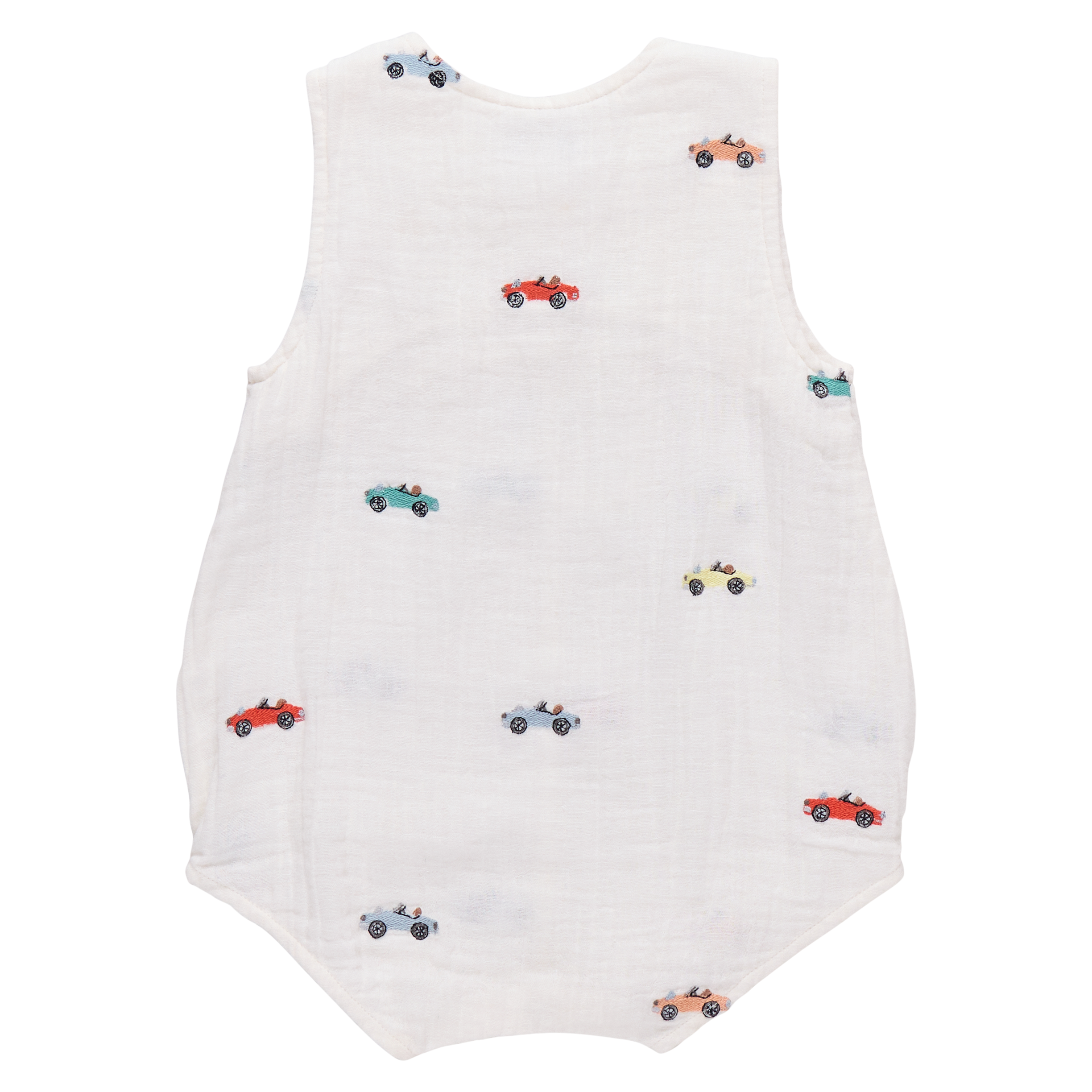 White sleeveless romper with colorful car patterns on a white background