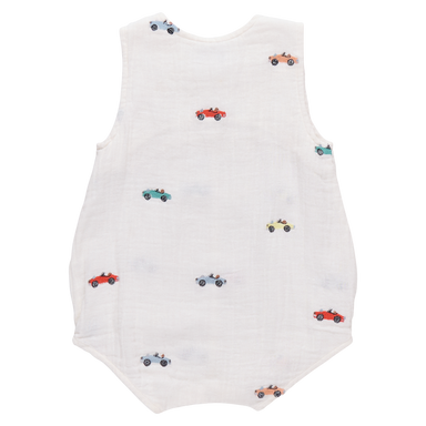 White sleeveless romper with colorful car patterns on a white background