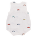 White sleeveless romper with colorful car patterns on a white background